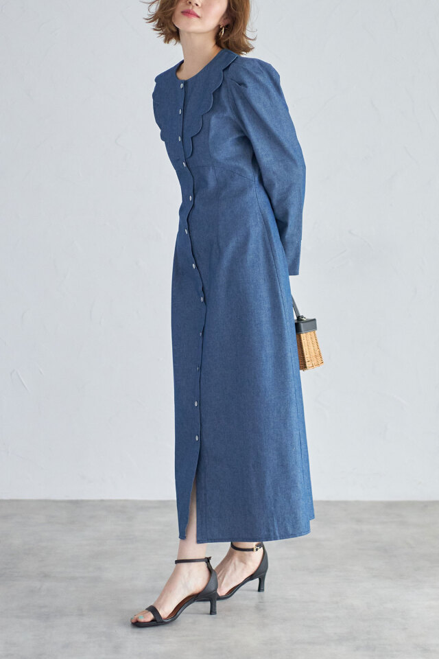 スカラップデニムワンピース