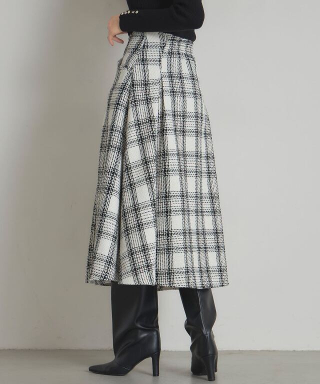 マディソンブルー ツイード フレアスカート 白黒チェック 同素材バッグ