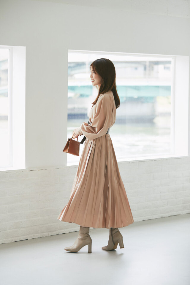 マシェリコラボ】サッシュベルト付きプリーツワンピース