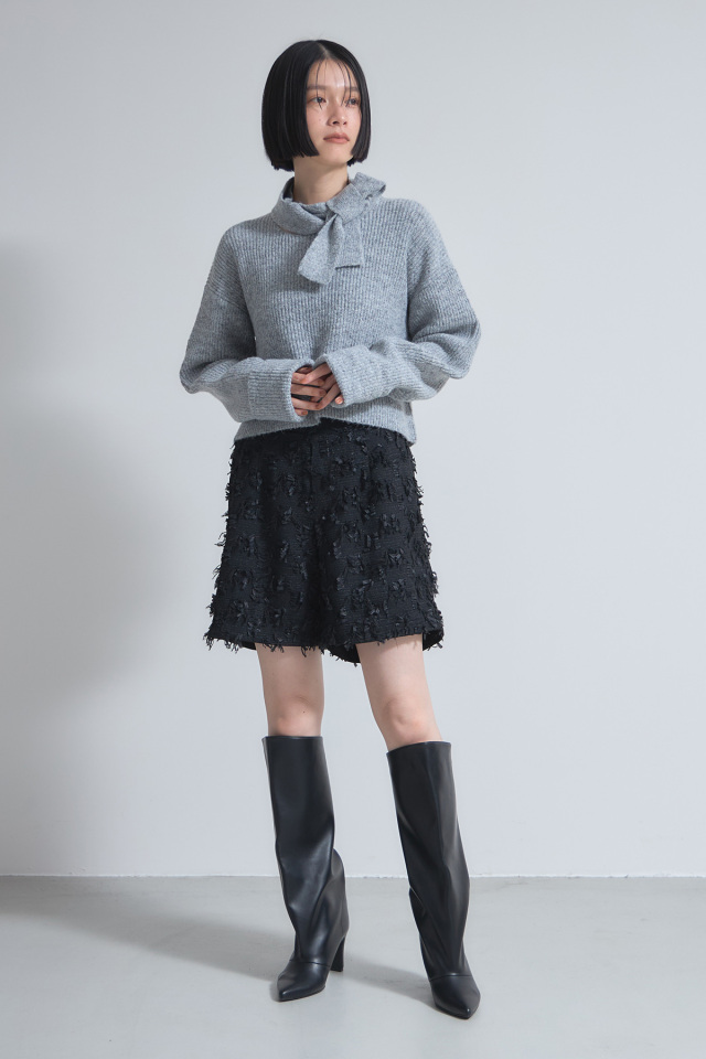 ボウタイリボン畦ニットプルオーバー