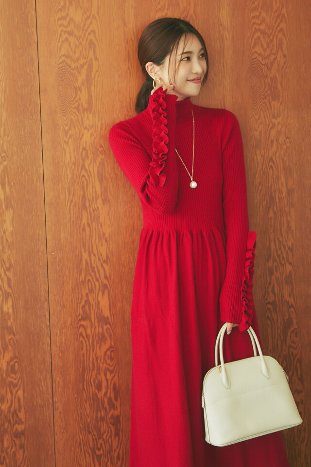 マシェリコラボ】袖口フリルハイネックニットワンピース