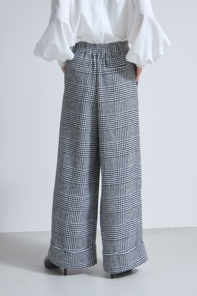 グレンチェックタックワイドパンツ