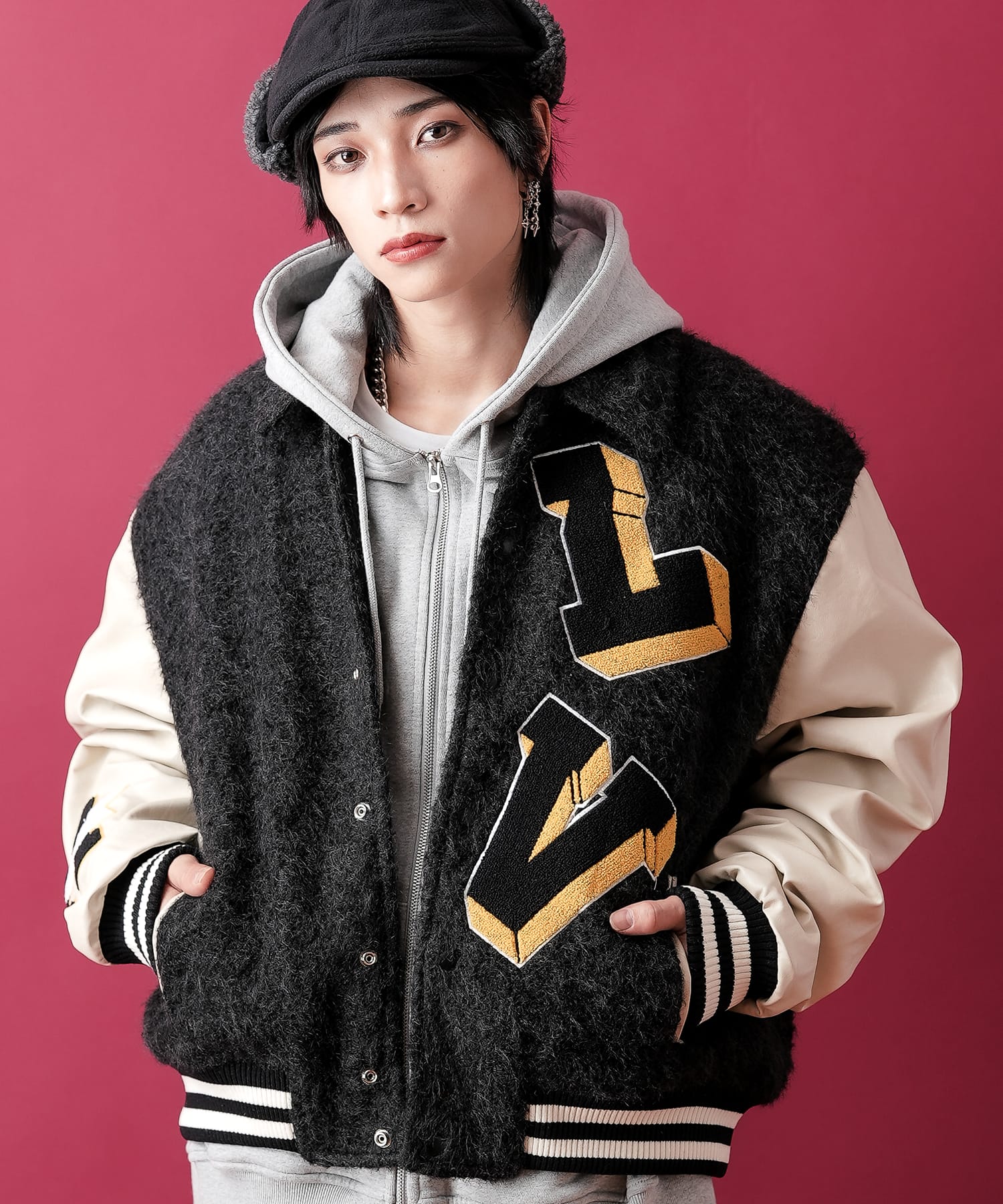 ボアファー×合成皮革コンビオーバーサイズスタジャン / メンズ