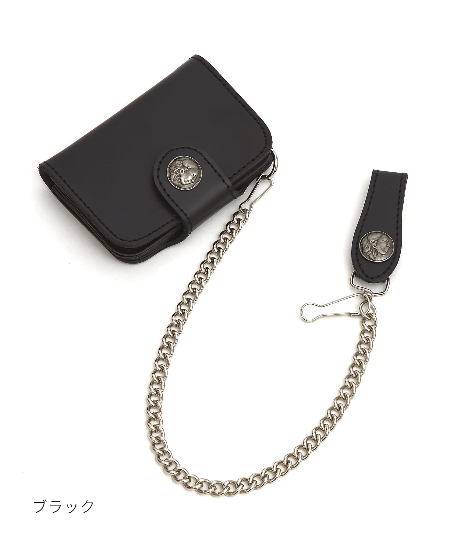 ネイティブ刻印コンチョフラップカウレザーウォレットチェーン付き二