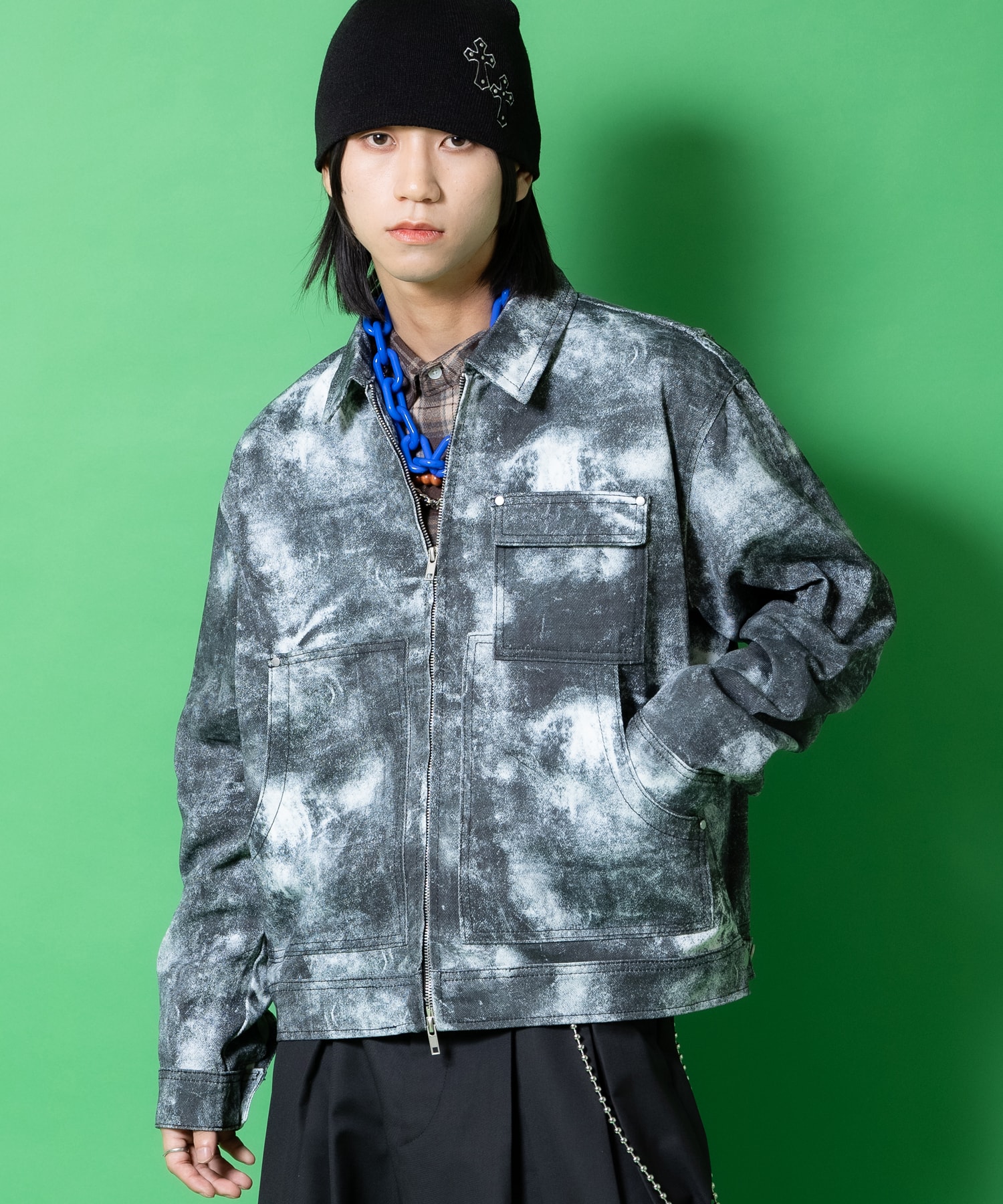 ダート柄コットン短丈ジップアップトラッカージャケット / ユニ