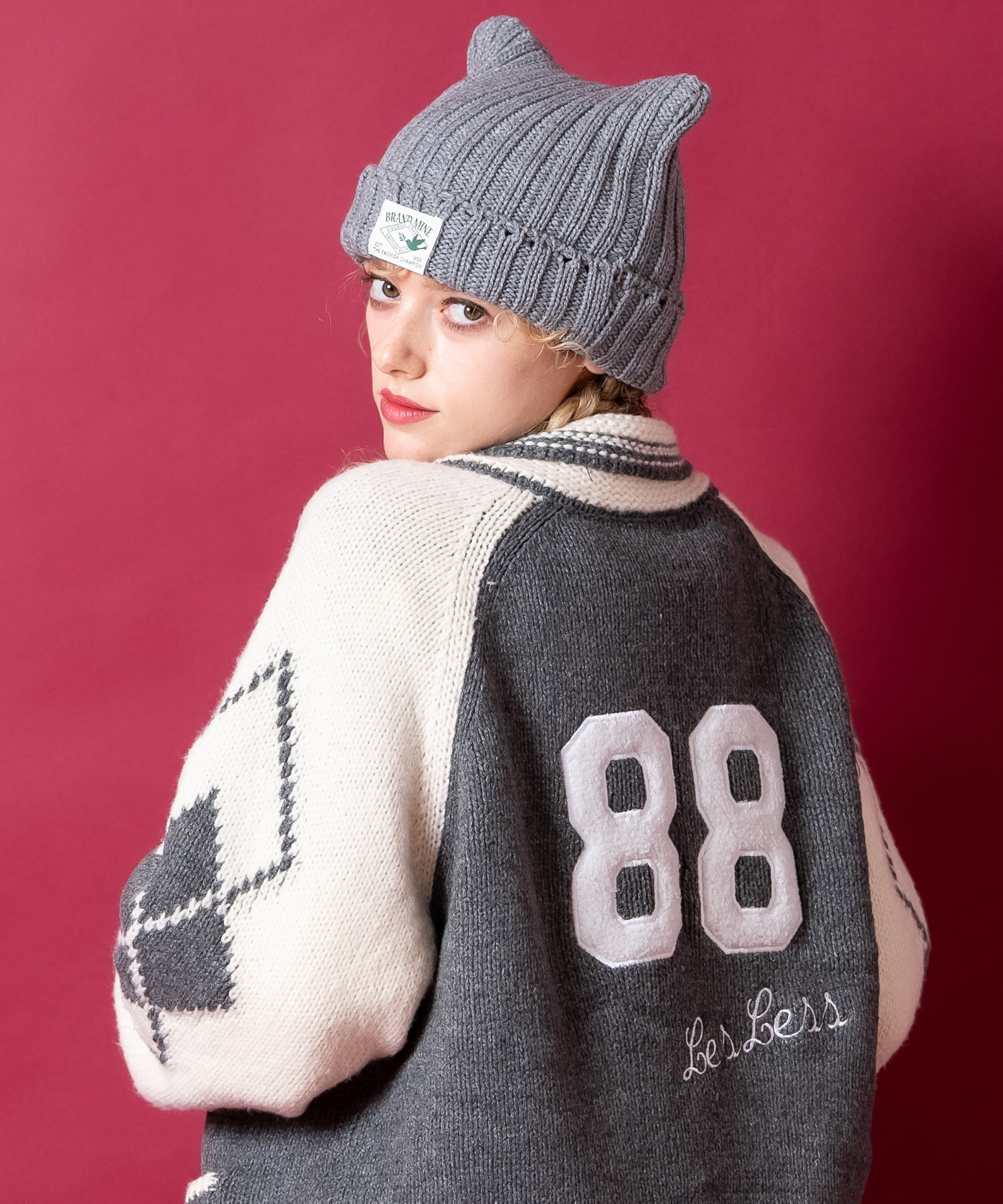 アメカジライクロゴ刺繍＆ナンバリングワッペンショールカラーニット