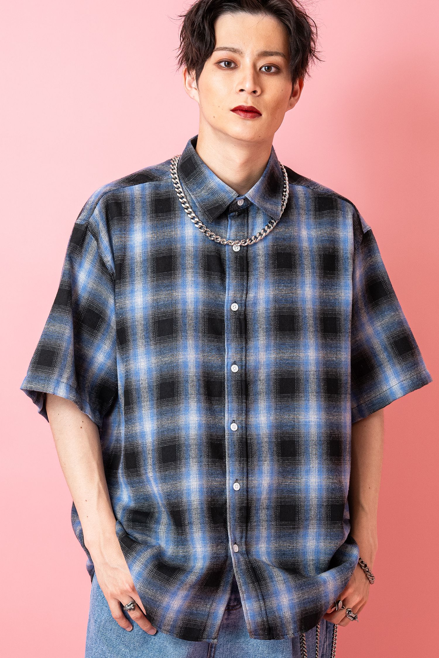 オンブレチェック柄ネル半袖シャツ / ルーズ メンズ レディース