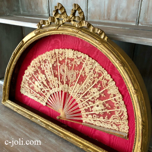 E1139 フランスアンティーク1900年レース扇子/額入りエヴァンタイユ 角