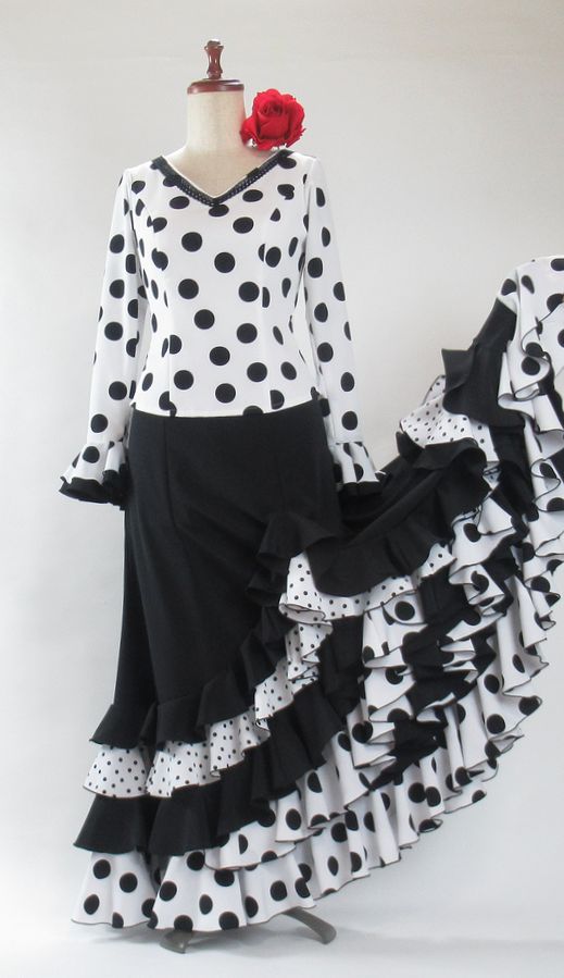 フラメンコ衣装 白黒水玉ツーピース G2301