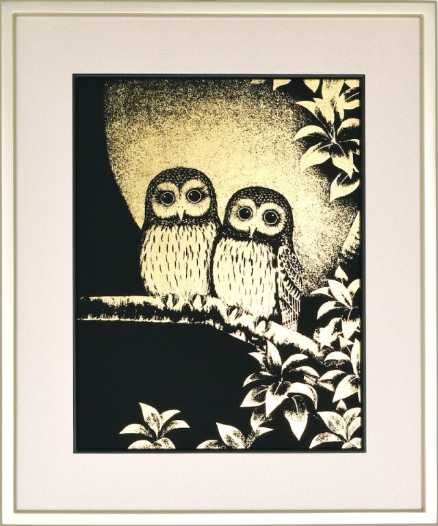 本金押箔額装 月宵夫婦梟