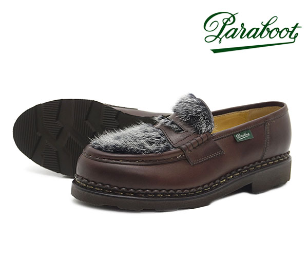 パラブーツ レディース ローファー オルセー ミンクファー ブラウン