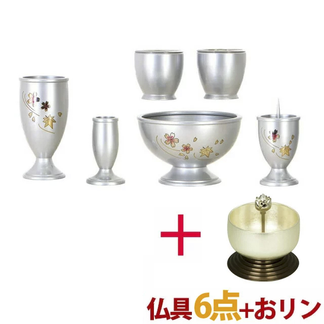 仏具セット【三日月シルバー彫金 6点セット 3寸+おとずれりん銀