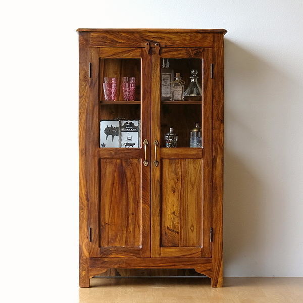 キャビネット 木製 無垢 ガラス 扉付き収納 食器棚 飾り棚 天然木