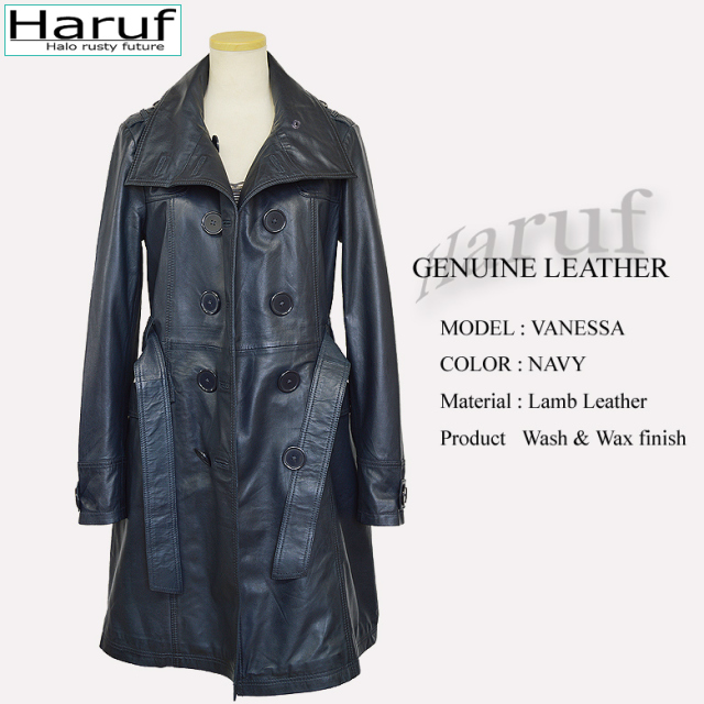 シンプルでおしゃれなレディースの本革ラムレザーステンカラーコート