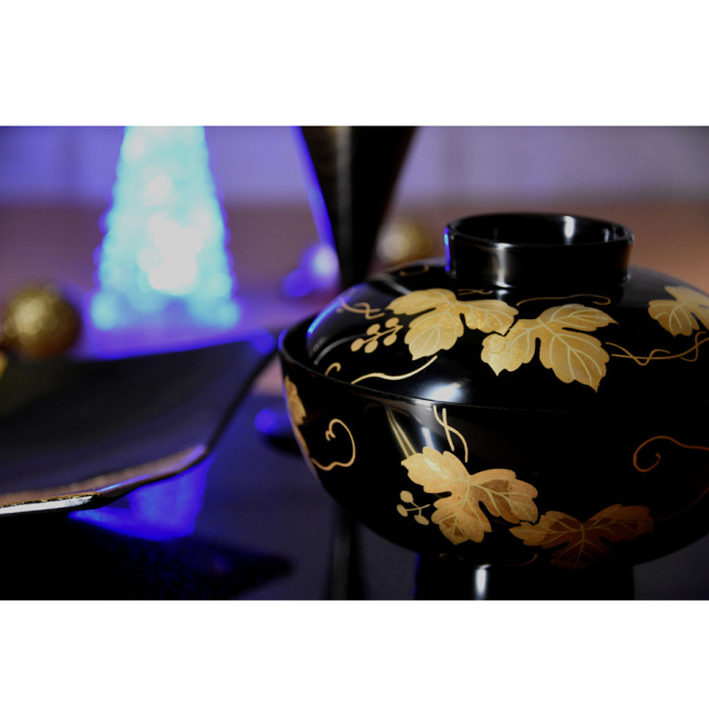 吸物椀 箔つた蒔絵 黒 漆塗り 12-00505 漆器の井助