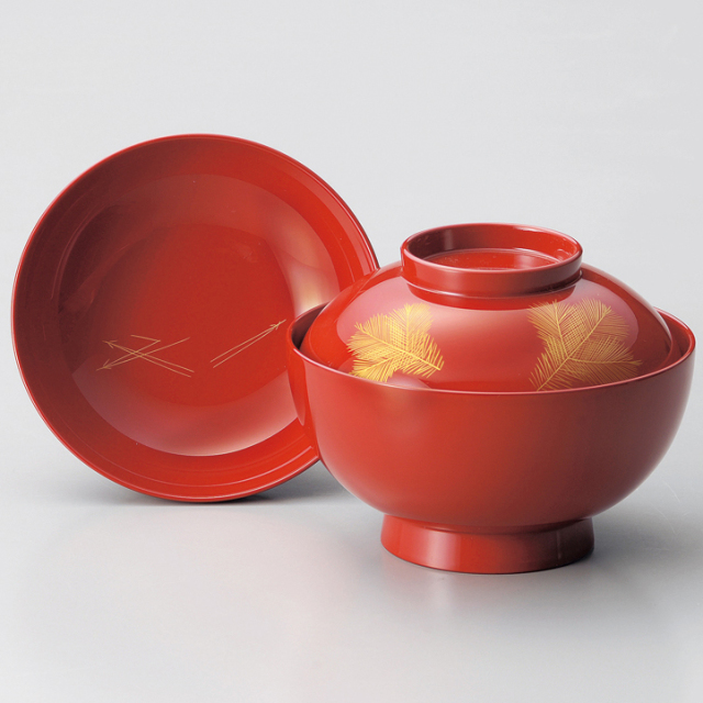 雑煮椀 朱/溜 沈金若松 漆塗り 12-01203/01204 漆器の井助