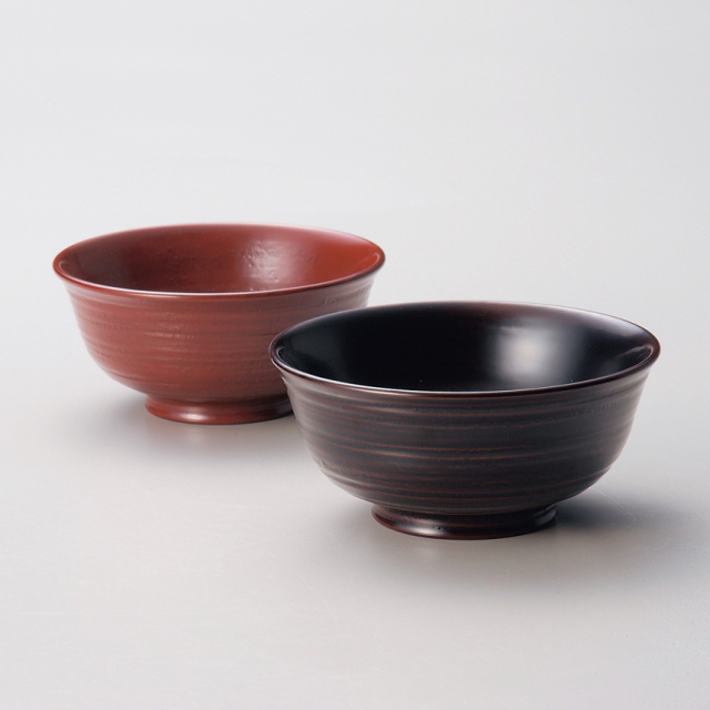 夫婦飯椀 鉋目 （大）黒・（小）古代根来 2客セット 木製 漆塗り 12