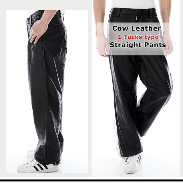 大きいサイズ 牛革 レザーパンツ スラックスタイプ 2タック メンズ
