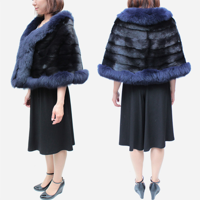ミンク フォックス 毛皮ケープ レディース ブラック/ブラウン/ネイビー