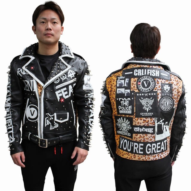 鋲ジャン メンズ スタッズ付き ロックスター レザージャケット ヒョウ