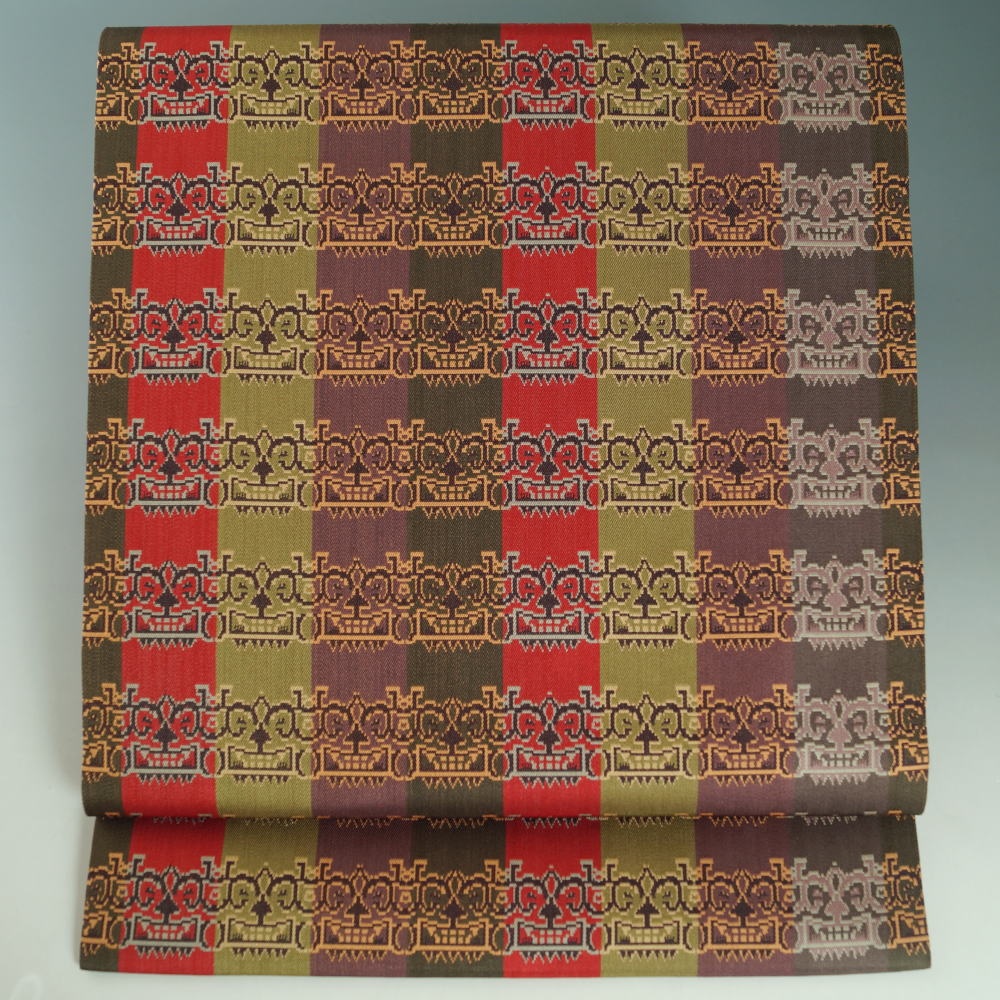 名古屋帯 龍村美術織物 開き名古屋帯 袋帯格 全通 獅噛文長斑錦 【送料