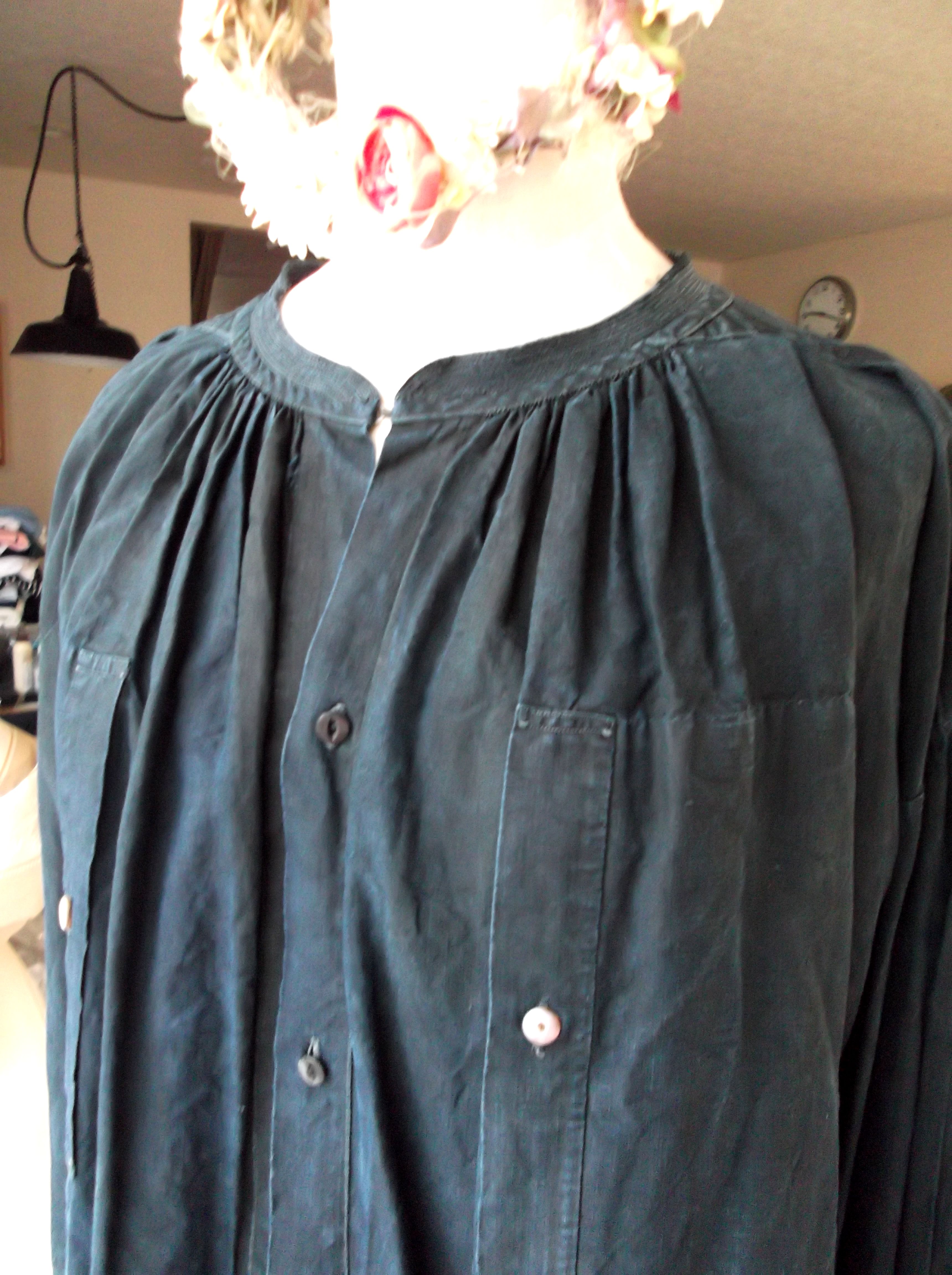 フランスアンティーク,インディゴ,ファーマーズリネンスモック,襟なし