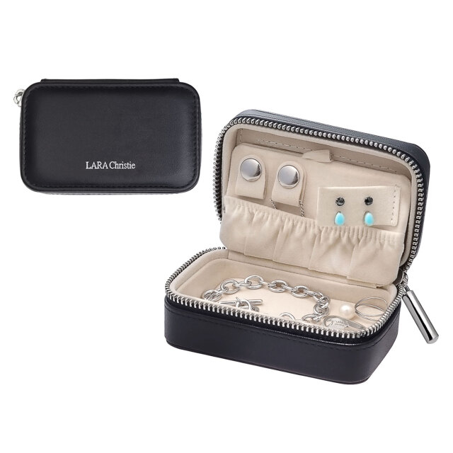 ジュエリー ポーチ ミラー付き アクセサリーケース ジッパー 黒