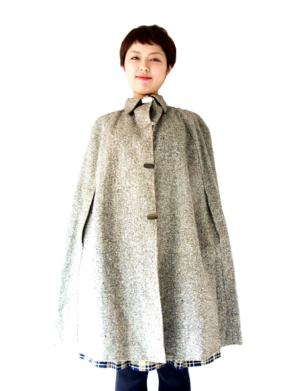 送料無料】フランス買い付け グレイ クリップホック ツイード ケープ