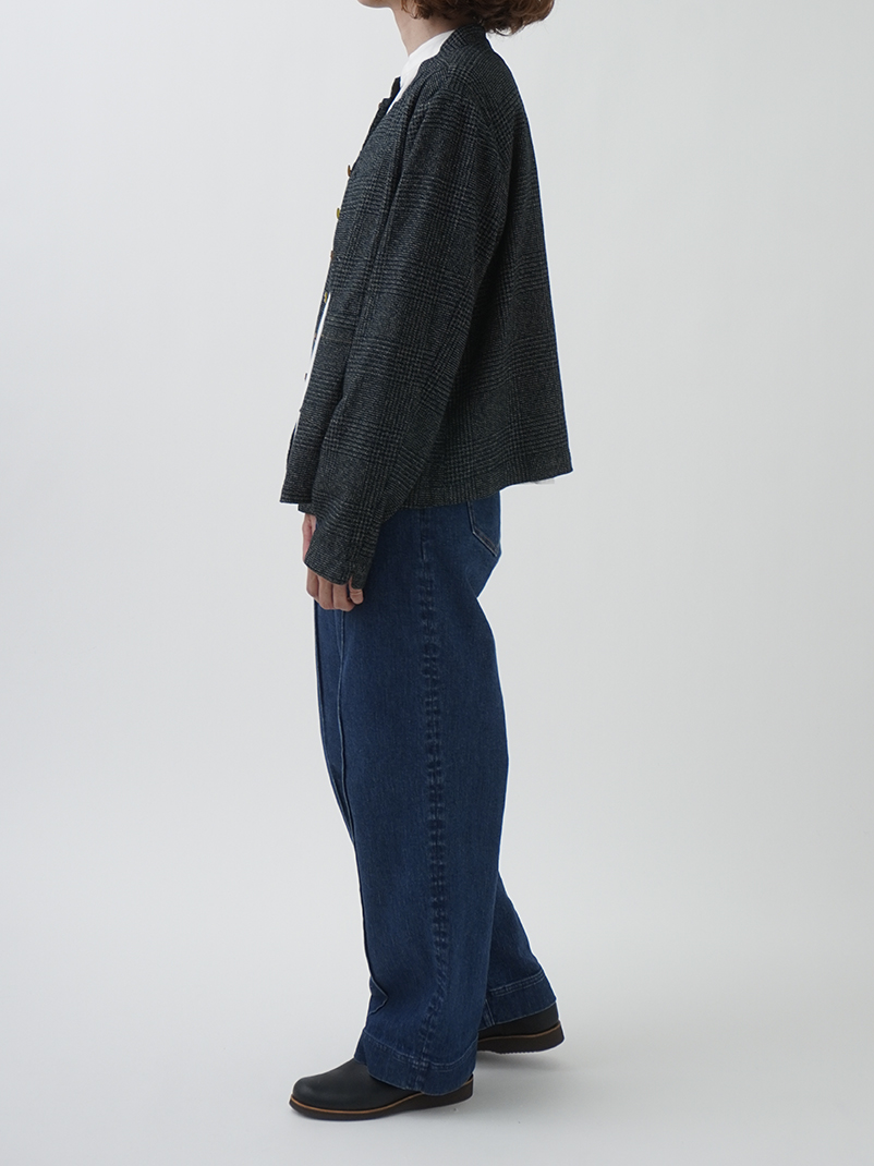 撚り杢インディゴコットンツィード スタンド襟ジャケット