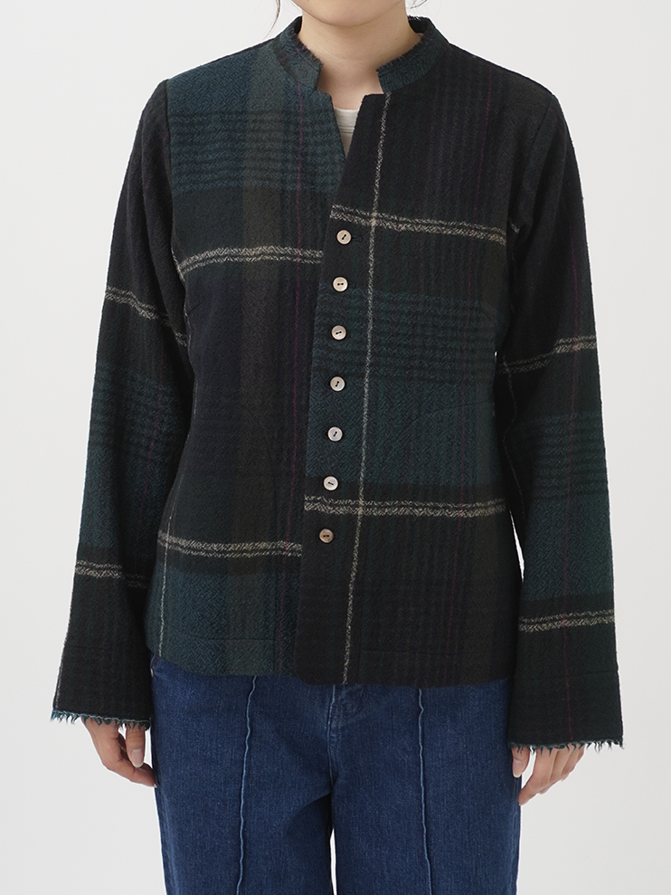 2／40ウールチェック スタンド襟ジャケット