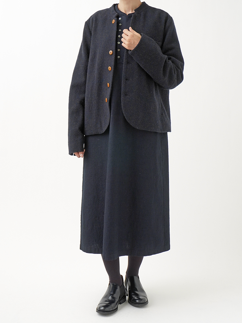 16／－インディゴ平織 スタンド襟ワンピース