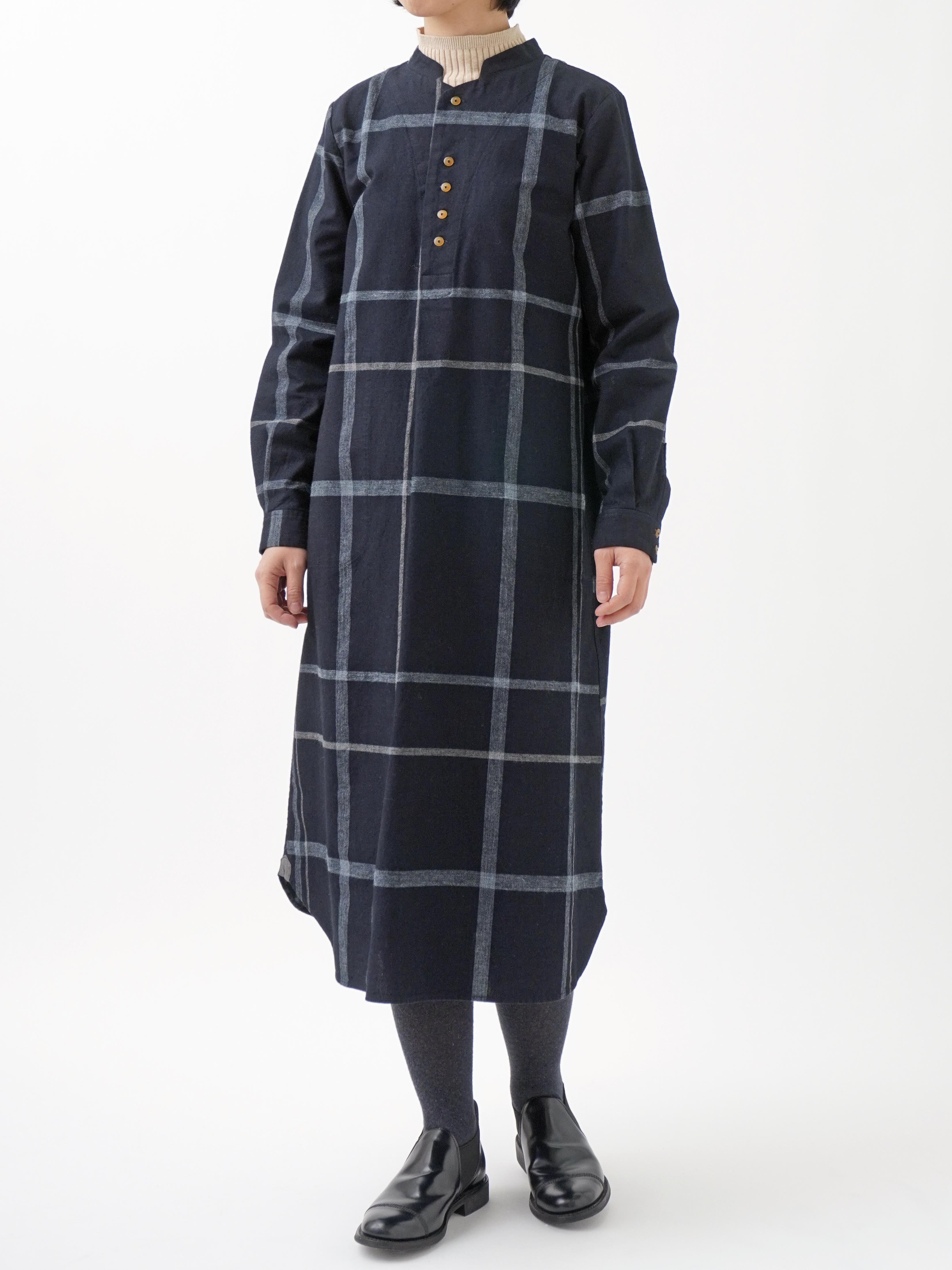 16／－インディゴ×19／－ラフィウールペンチェック ワンピース