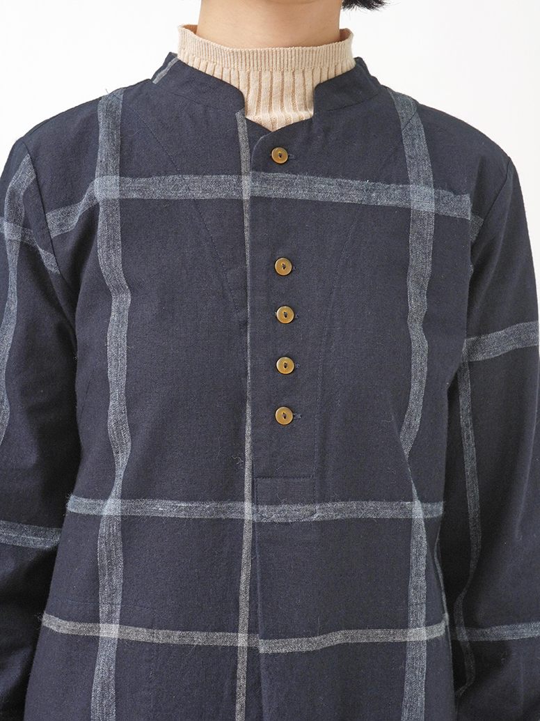 16／－インディゴ×19／－ラフィウールペンチェック ワンピース