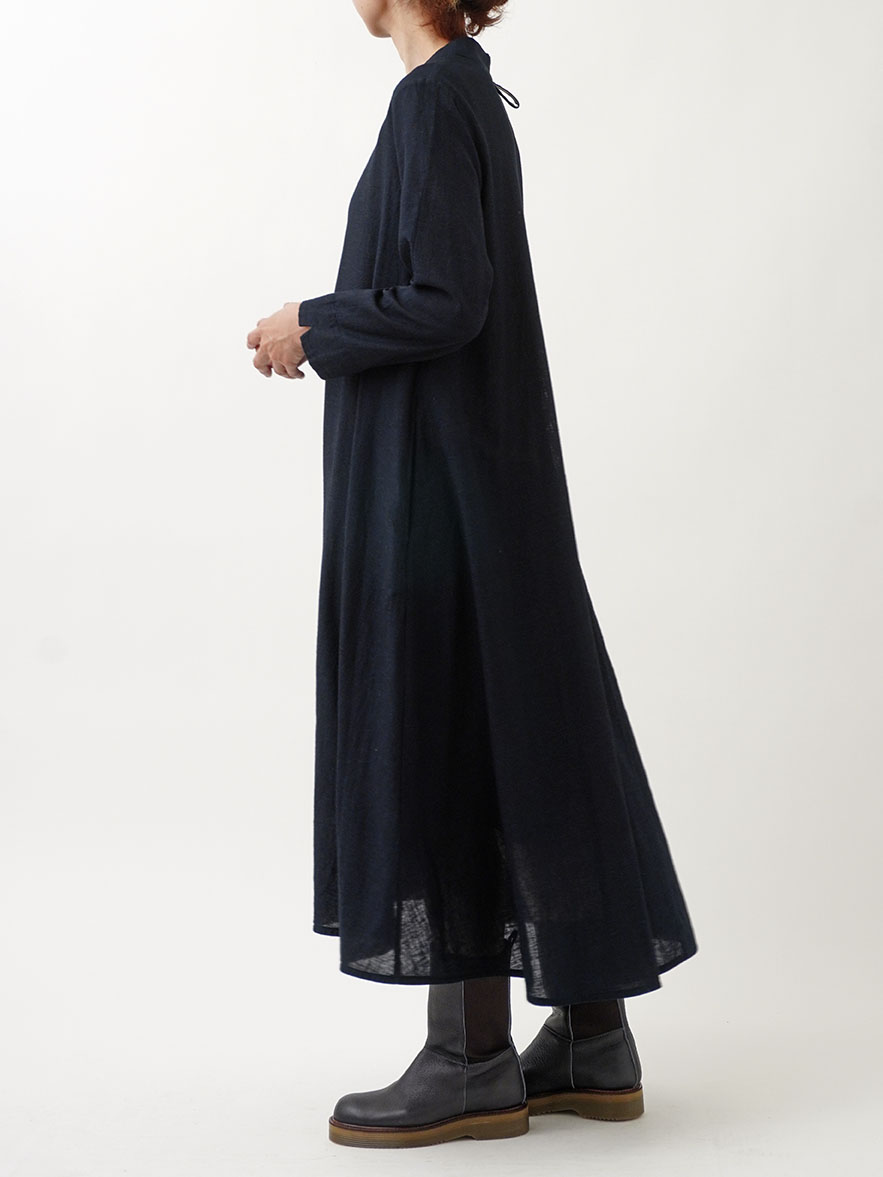 16／-インディゴガーゼボトル襟フレアーワンピース