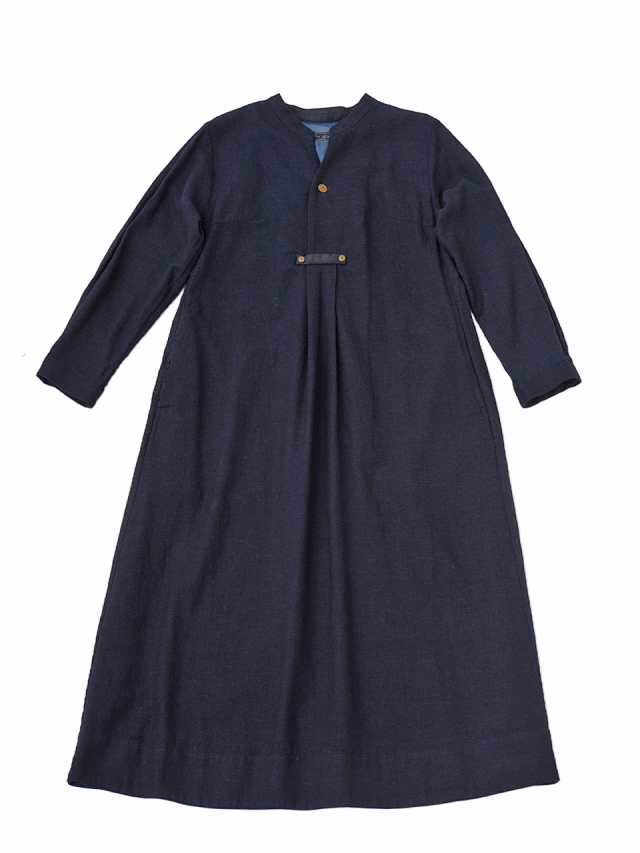 16／－インディゴガーゼ スタンド襟ワンピース