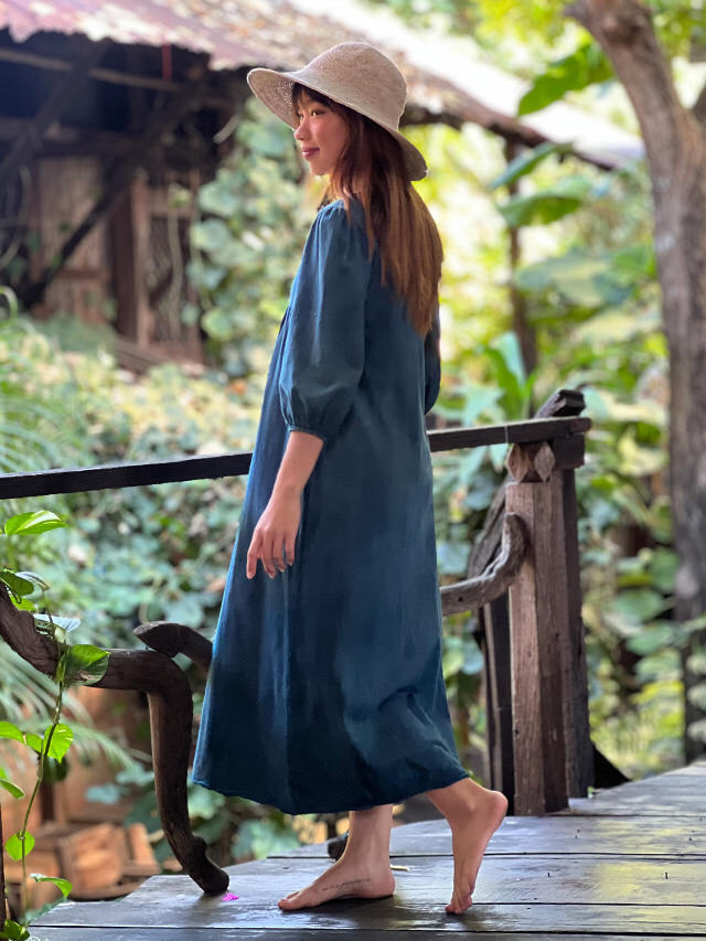 asana ヘンプコットン 厚手 七分袖 ワンピース・草木染め【パヤカ