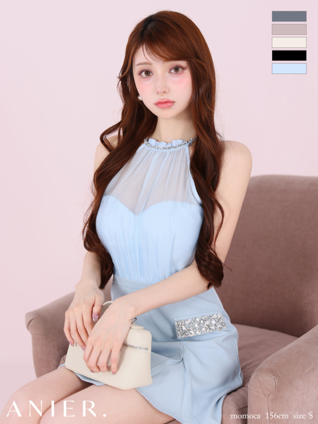 XSサイズあり】Satin Bijou back open halter mini dress (anier4051)