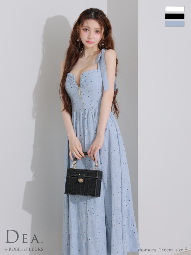 XS～Lサイズあり】ショルダーリボンドットフレアロングキャバドレス
