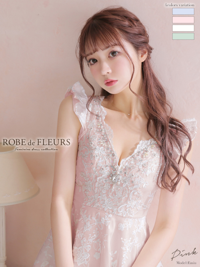 XS～Lサイズあり】刺繍レース×パステルサテンフレアキャバドレス(fm2484)