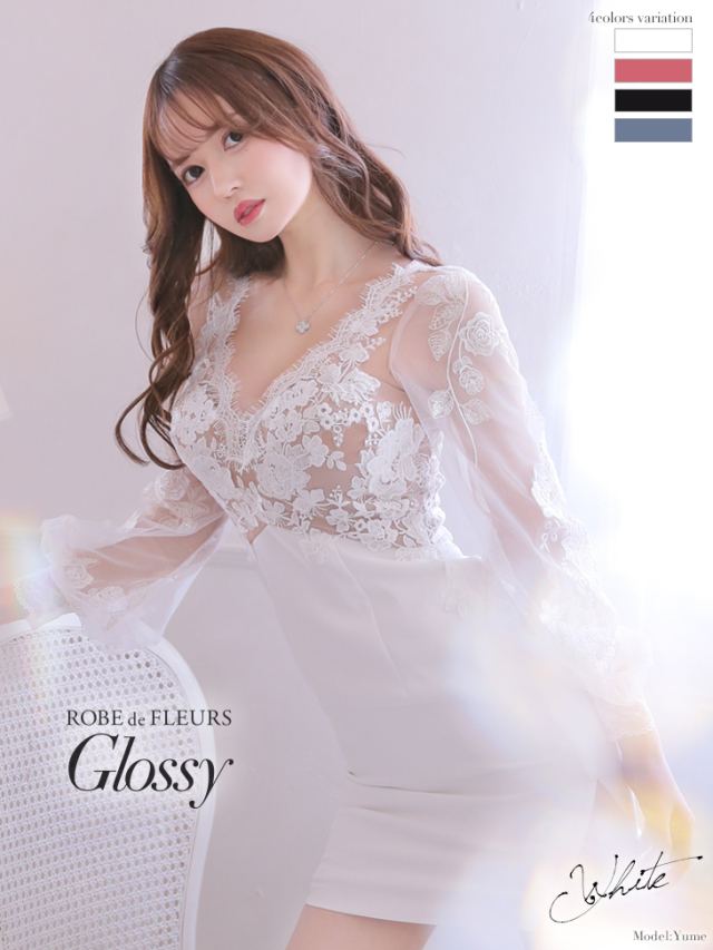 XS～Lサイズあり】刺繍レース×チュールスリーブタイトキャバドレス(GL2515)