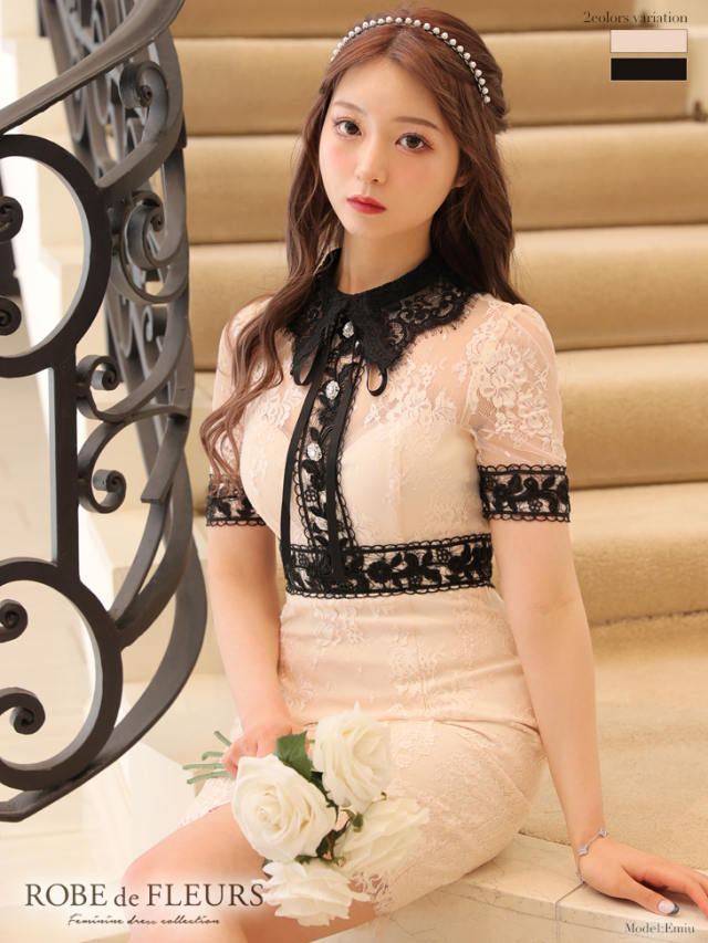 XSサイズあり】リボン付き襟xバイカラーレースタイトミニキャバドレス