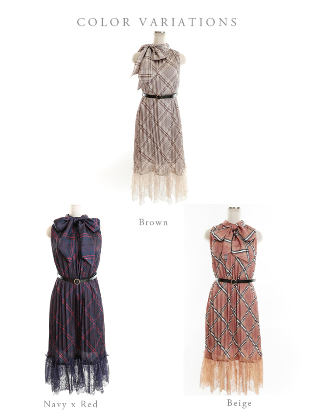 チェック柄 x ノースリーブマキシワンピース【リボンベルト、ベルト