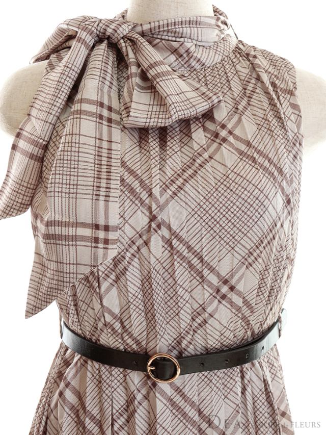 チェック柄 x ノースリーブマキシワンピース【リボンベルト、ベルト