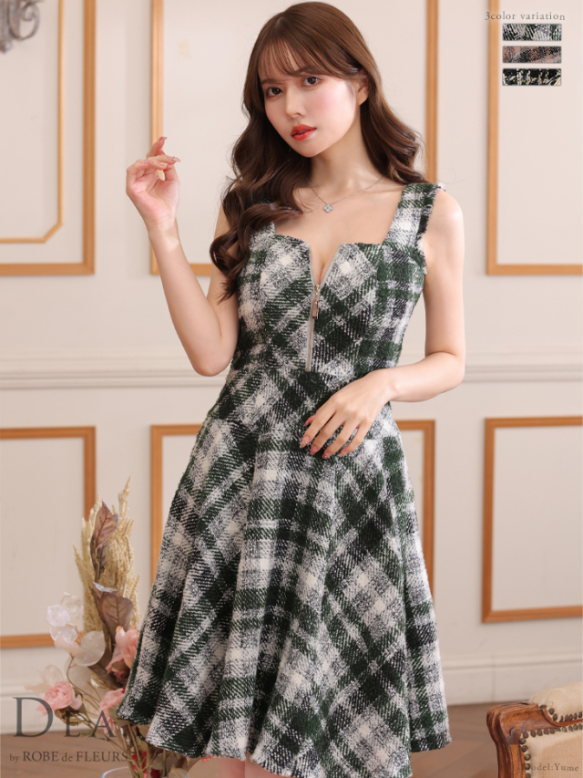 値下げ】ROBE de FLEURS ツイードチェックドレス（グリーン・L）