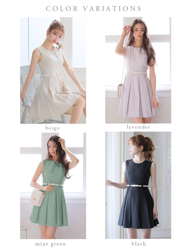 Lサイズあり】シンプルベルトプリーツミニキャバドレス【ベルト付