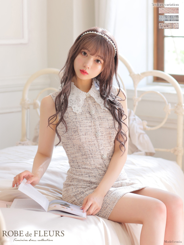 XS～Lサイズあり】フラワーカラー×ニットツイードミニキャバドレス(fm3218)