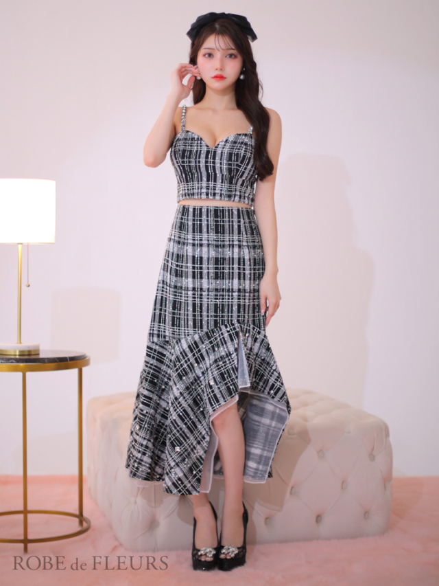 ラメチェックツイード×オーガンジー ロングセットアップキャバドレス