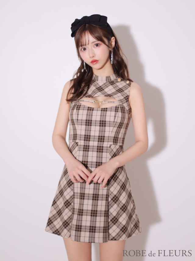 XSサイズあり】バストカットノースリーブチェックミニキャバドレス(fm3326)