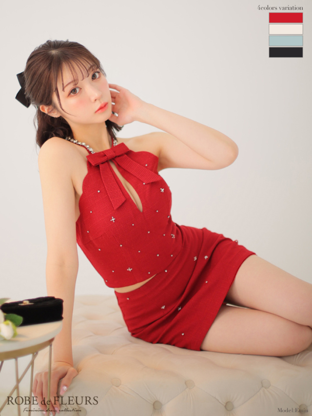 XSサイズあり】ビジューネックリボン×アメスリセットアップキャバ