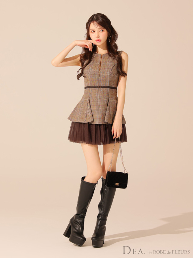 XS～Lサイズあり】チェックノースリーブベルトデザインチュールミニ